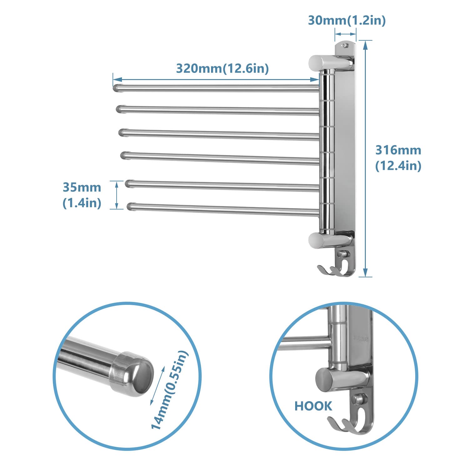 Towel Rack Wall Mounted JSVER Stainless Steel Bathroom Towel Rack  Swivel 6 Arms Towel Bar 180